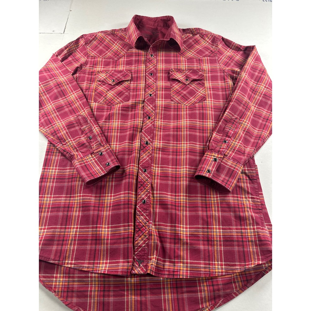 Wrangler 2DX Competition Mens Large Tall LT Red Plaid Western Snap Shirt MJC005M